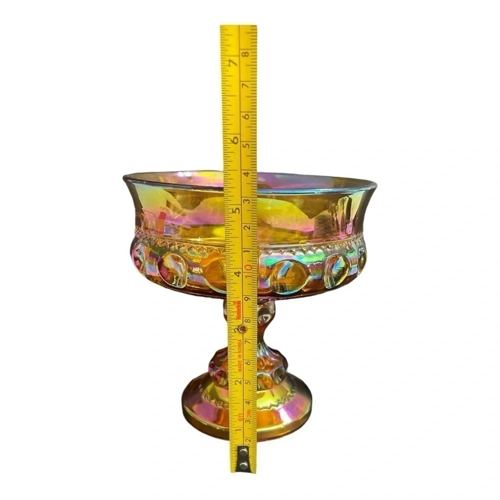 Indiana Glass Kings Crown Carnival Glass Iridescent Pedestal Candy Compote 5.25